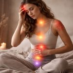 Junge Frau sitzt entspannt im Schneidersitz auf einem Bett, Augen geschlossen, eine Hand am Kopf und eine am Bauch; sanfte Lichtpunkte markieren verschiedene Körperregionen und symbolisieren emotionale und körperliche Empfindungen.