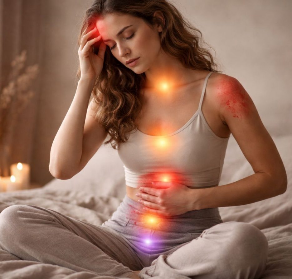 Junge Frau sitzt entspannt im Schneidersitz auf einem Bett, Augen geschlossen, eine Hand am Kopf und eine am Bauch; sanfte Lichtpunkte markieren verschiedene Körperregionen und symbolisieren emotionale und körperliche Empfindungen.