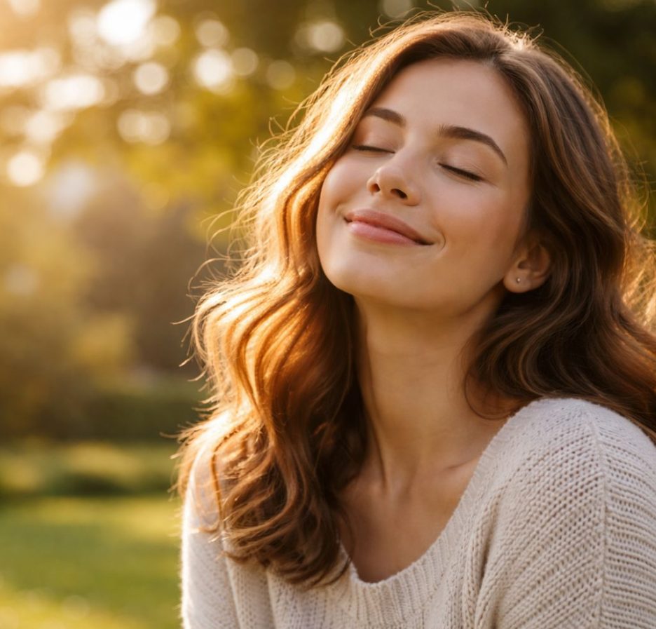 Junge Frau mit geschlossenen Augen lächelt entspannt im warmen Sonnenlicht in einer grünen Parklandschaft.
