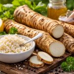 Frisch geerntete Meerrettichwurzeln und geriebener Meerrettich in einer weißen Schale auf einem rustikalen Holztisch, umgeben von Zitrone, Knoblauch, Honig und Kräutern.