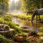 Ruhige Naturlandschaft mit klarer Waldquelle, trinkenden Pferden, schlafender Katze und warmem Morgenlicht im Grünen