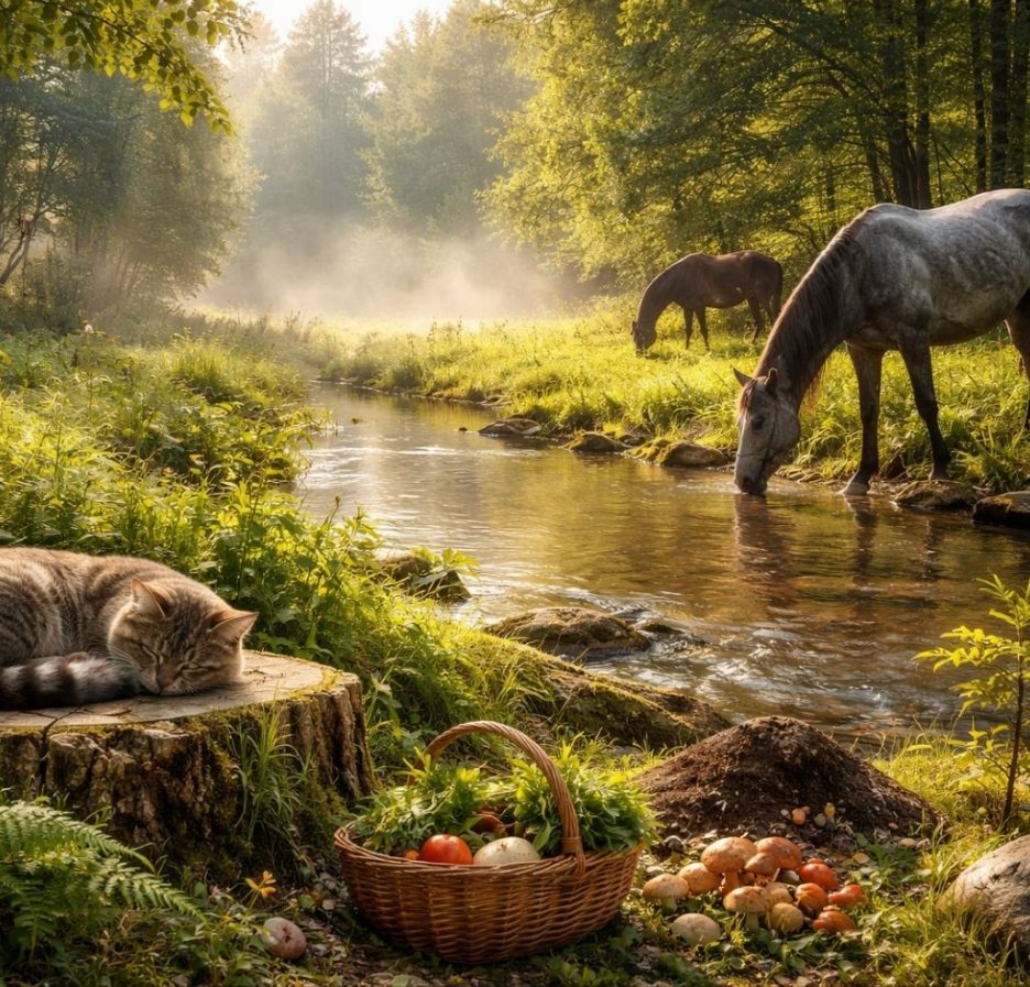 Ruhige Naturlandschaft mit klarer Waldquelle, trinkenden Pferden, schlafender Katze und warmem Morgenlicht im Grünen