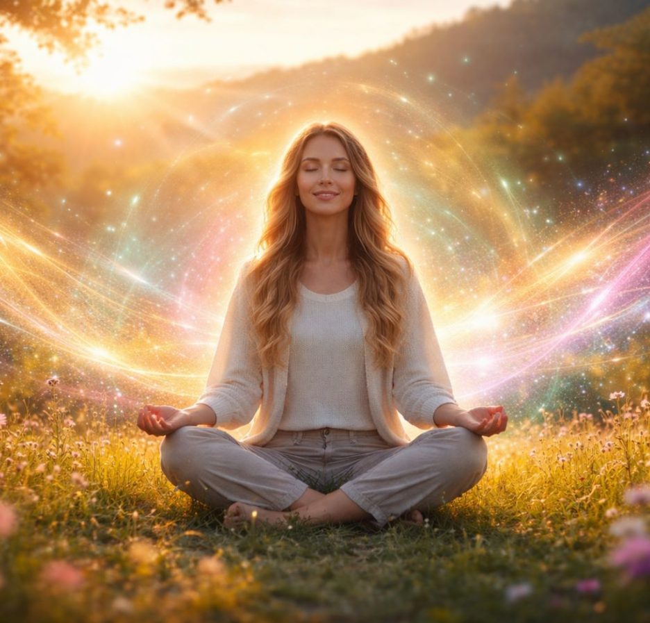 Meditierende Frau sitzt im Schneidersitz auf einer blühenden Wiese bei Sonnenuntergang, umgeben von sanft leuchtenden, farbigen Energiewellen.