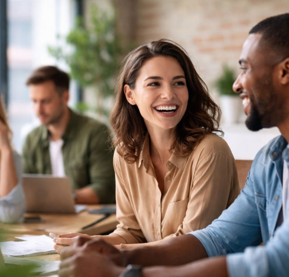 Zwei Kolleg:innen sitzen an einem Tisch im Büro und lachen miteinander, während im Hintergrund weitere Teammitglieder angespannt arbeiten.