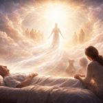 Ein bewegendes digitales Kunstwerk, das den friedlichen Moment zeigt, in dem ein älterer Mann in den Armen seiner Familie liegt, während seine Seele, in strahlendes Licht gehüllt, in eine himmlische Erleuchtung aufsteigt. Die Szene, von sanften goldenen Tönen und leuchtender Energie durchzogen, erfasst sowohl menschliche Verbundenheit als auch das spirituelle Reich, mit geliebten Wesen, die im Licht auf ihn warten.