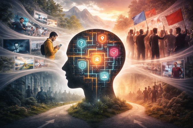 Symbolisches Querformatbild: Das Profil eines menschlichen Kopfes steht im Zentrum, im Inneren leuchten vernetzte Symbole wie Fragenzeichen, Schilde und Markierungen. Links und rechts verzweigen sich Wege in unterschiedliche gesellschaftliche Szenen – Medienbilder, Einzelpersonen, Menschenmengen und politische Demonstrationen – als Sinnbild für konkurrierende Narrative und Denkpfade.