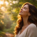 Eine Frau mit geschlossenen Augen steht in einem sonnendurchfluteten Wald und atmet ruhig, während warmes Licht ihr Gesicht umhüllt.