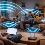 Familie sitzt im Wohnzimmer und nutzt mehrere Geräte, die über einen WLAN-Router verbunden sind.