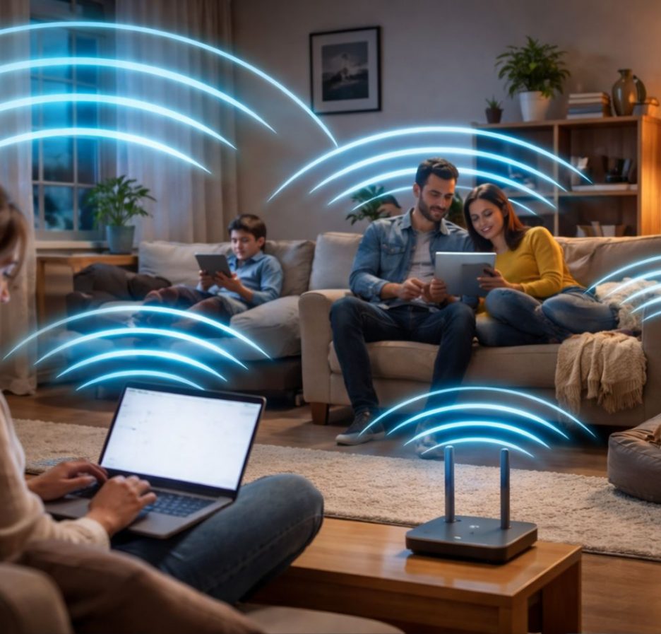 Familie sitzt im Wohnzimmer und nutzt mehrere Geräte, die über einen WLAN-Router verbunden sind.