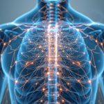 Stilisierte Darstellung des menschlichen Oberkörpers mit hervorgehobenem Nervensystem, leuchtenden Nervenbahnen im Brust- und Rückenbereich.