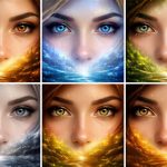 Künstlerische Collage aus sechs intensiven Nahaufnahmen menschlicher Augen in verschiedenen Farben, umgeben von leuchtenden, symbolischen Natur- und Lichtelementen, die eine mystische und spirituelle Stimmung erzeugen.