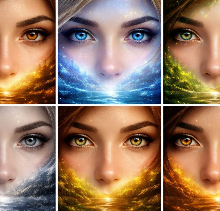 Künstlerische Collage aus sechs intensiven Nahaufnahmen menschlicher Augen in verschiedenen Farben, umgeben von leuchtenden, symbolischen Natur- und Lichtelementen, die eine mystische und spirituelle Stimmung erzeugen.