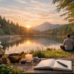 Meditierende Person sitzt bei Sonnenuntergang an einem ruhigen See; im Vordergrund stehen gestapelte Steine, eine Kerze, eine Klangschale, Kristalle und ein offenes Notizbuch auf einem Holztisch.