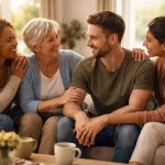 Vier Menschen unterschiedlicher Altersgruppen und Herkunft sitzen eng beieinander auf einem Sofa und lächeln sich in einer warmen, hellen Wohnatmosphäre zu.