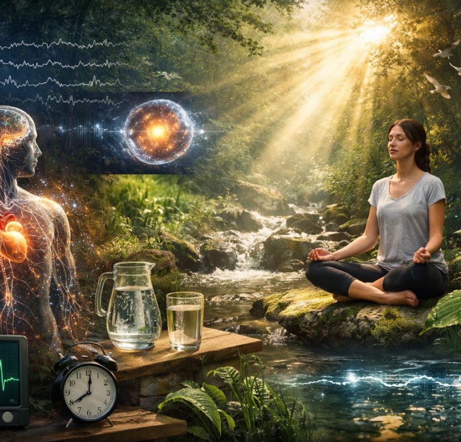 Frau meditiert im Wald am Bachlauf, umgeben von Sonnenlicht, Wasser, Natur und symbolischen Darstellungen von Bioelektrizität, Gehirnaktivität und DNA.