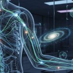 Transparente Darstellung eines menschlichen Oberkörpers mit leuchtenden Nerven- oder Energiebahnen im Arm und Oberkörper, umgeben von futuristischen medizinischen Anzeigen und einer Galaxie im Hintergrund.