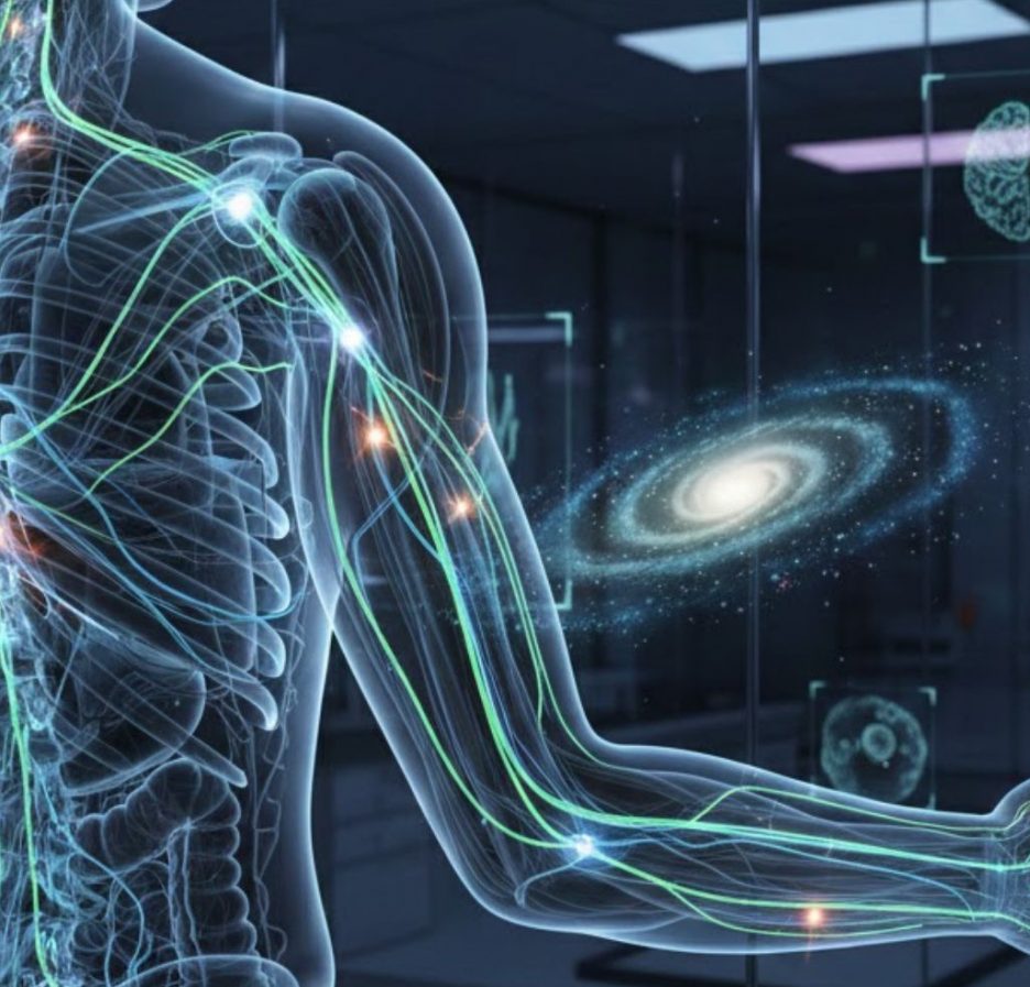 Transparente Darstellung eines menschlichen Oberkörpers mit leuchtenden Nerven- oder Energiebahnen im Arm und Oberkörper, umgeben von futuristischen medizinischen Anzeigen und einer Galaxie im Hintergrund.