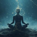 Silhouette einer meditierenden Person im Lotussitz auf einer felsigen Landschaft, über ihr ein leuchtender, kosmischer Lichtstrom, der Kopf und Himmel verbindet, umgeben von Sternen und goldenen Partikeln.