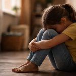 Traurig wirkendes Mädchen sitzt barfuß mit angezogenen Knien auf dem Boden und lehnt an einer Wand in einem warm beleuchteten Raum.