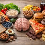 Gehirn in der Mitte eines Tisches, umgeben von frischen Vollkornprodukten, Gemüse, Nüssen und Beeren auf der einen Seite sowie Pizza, Donuts, Burger, Chips und Schokolade auf der anderen Seite, im Querformat fotografiert.