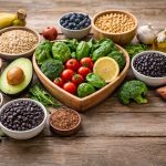 Herzförmig arrangierte frische Lebensmittel wie grünes Gemüse, Tomaten, Hülsenfrüchte, Vollkornprodukte und Obst auf einem rustikalen Holztisch.