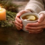 Hände in einem warmen Strickpullover halten eine Tasse heißen Tee mit Zitronenscheibe, daneben brennt eine Kerze auf einem Tisch mit Tannenzweigen.