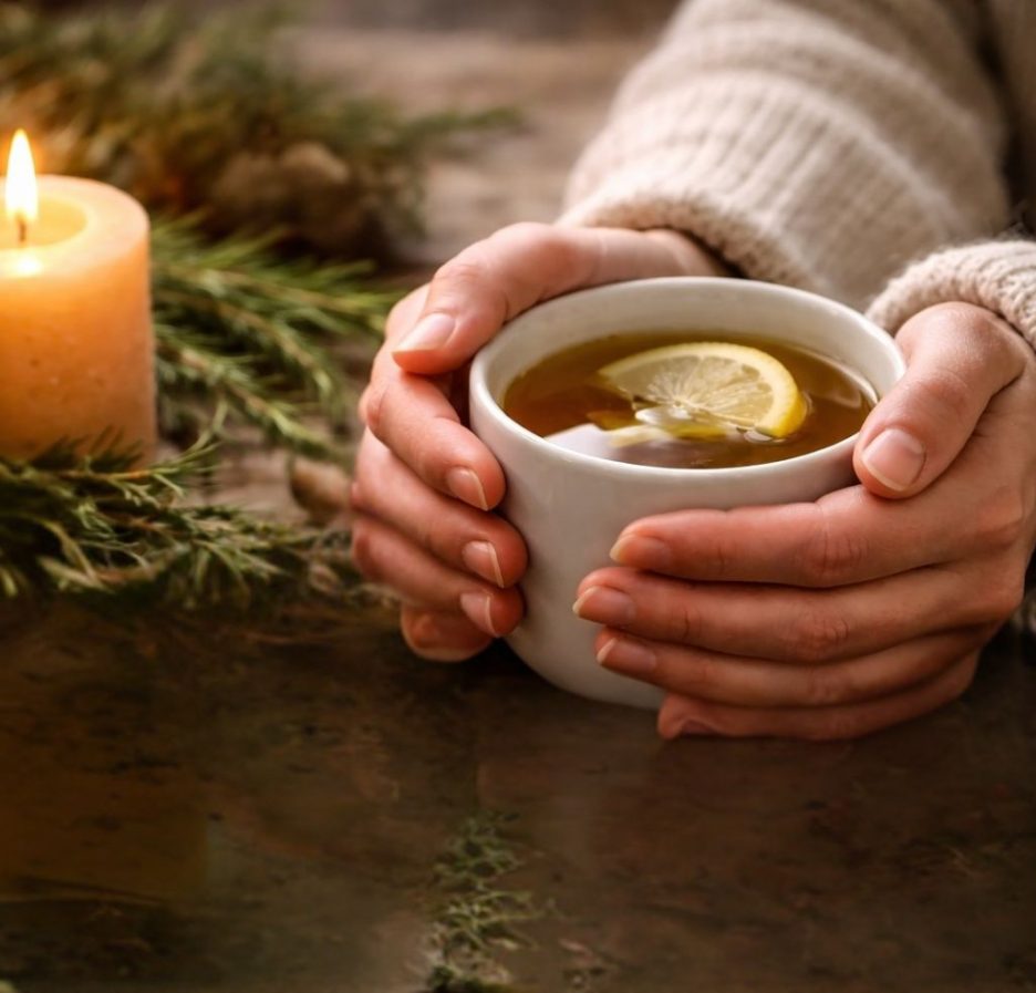 Hände in einem warmen Strickpullover halten eine Tasse heißen Tee mit Zitronenscheibe, daneben brennt eine Kerze auf einem Tisch mit Tannenzweigen.