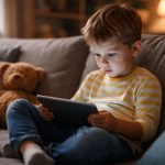 Kleiner Junge sitzt auf einem Sofa und schaut konzentriert auf ein Tablet, während neben ihm ein Teddybär liegt.