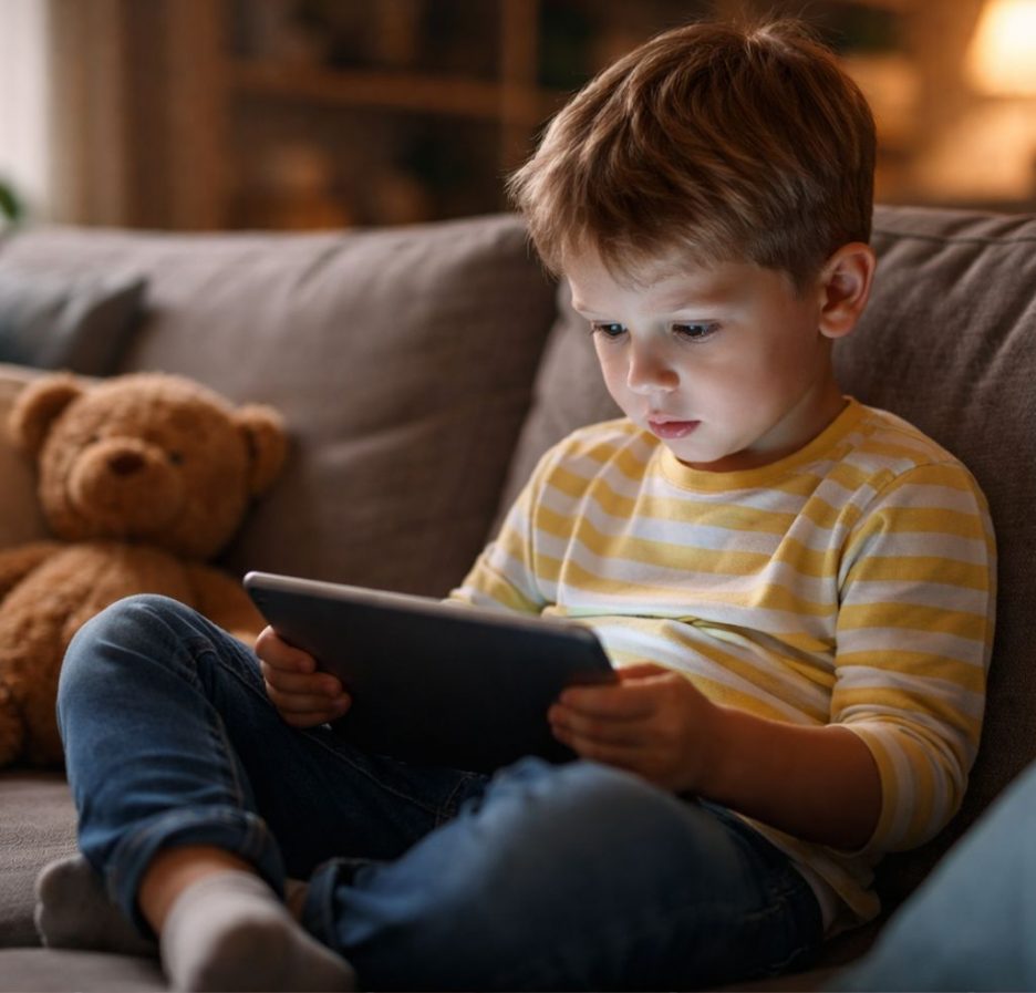 Kleiner Junge sitzt auf einem Sofa und schaut konzentriert auf ein Tablet, während neben ihm ein Teddybär liegt.