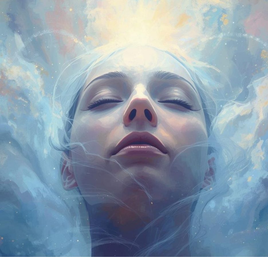 Nahaufnahme eines weiblichen Gesichts mit geschlossenen Augen, umgeben von wolkigen, blau-goldenen Lichtformen, die wie kosmischer Nebel wirken.