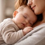 Eine Mutter hält ihr schlafendes Baby eng an ihrer Brust; das Kind ruht entspannt mit geschlossenen Augen in einer warmen, weichen Lichtstimmung.