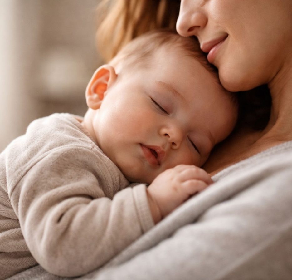 Eine Mutter hält ihr schlafendes Baby eng an ihrer Brust; das Kind ruht entspannt mit geschlossenen Augen in einer warmen, weichen Lichtstimmung.