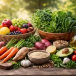 Frische, naturbelassene Lebensmittel wie Obst, Blattgemüse und Wurzelgemüse auf einem Holztisch im Sonnenlicht.