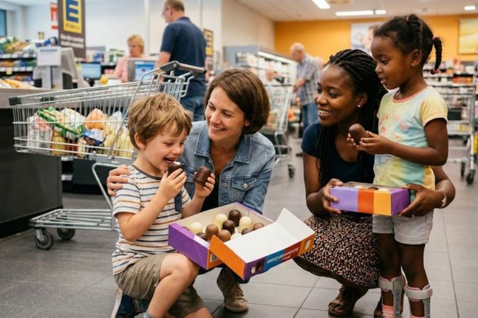 Zwei Frauen und zwei Kinder probieren lachend Schokoküsse in einem Supermarkt, neben ihnen steht ein Einkaufswagen mit Lebensmitteln.