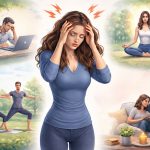 Illustration einer Frau mit Stresssymptomen, die sich den Kopf hält, umgeben von Szenen zu Arbeit, Meditation, Sport und entspannter Zweisamkeit als mögliche Wege zur Stressbewältigung.