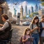 Historische Telefonistin an einer Vermittlungstafel neben modernen Menschen mit Smartphones in einer futuristischen Stadtlandschaft, die die Entwicklung der Telekommunikation darstellt.