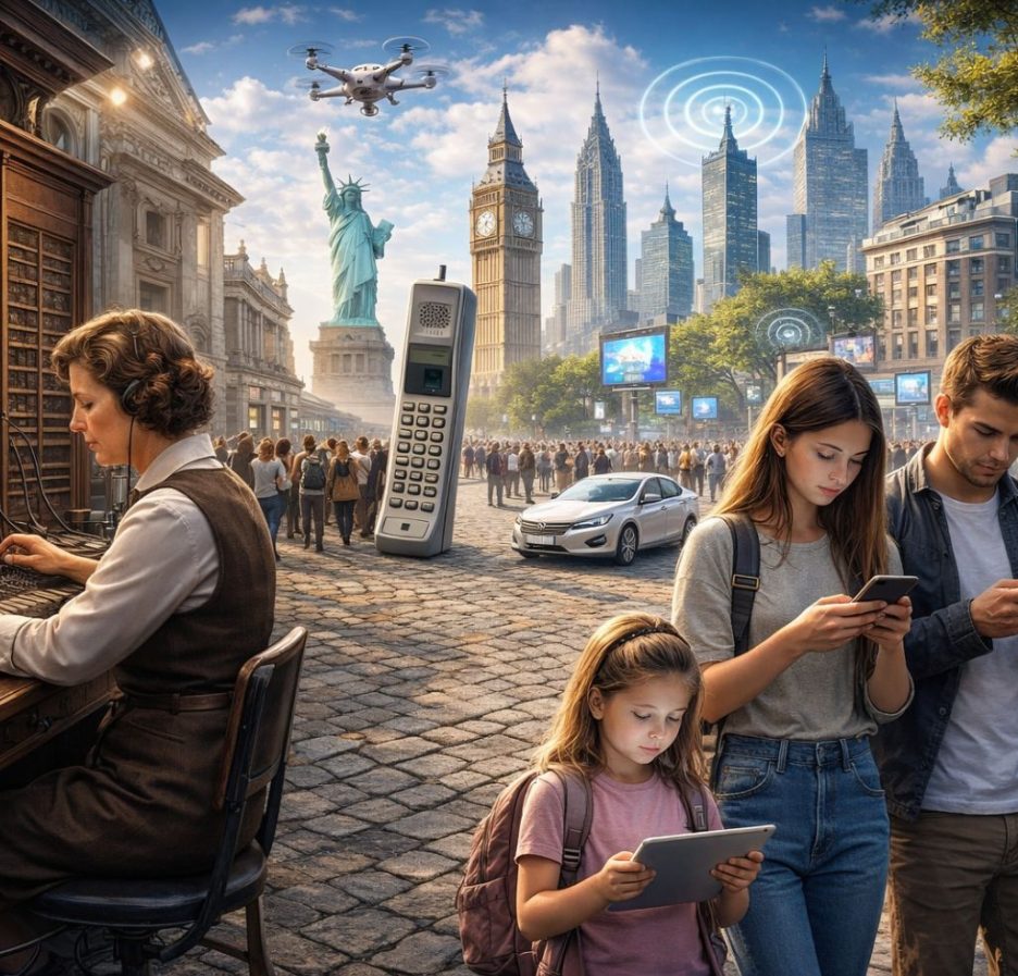 Historische Telefonistin an einer Vermittlungstafel neben modernen Menschen mit Smartphones in einer futuristischen Stadtlandschaft, die die Entwicklung der Telekommunikation darstellt.