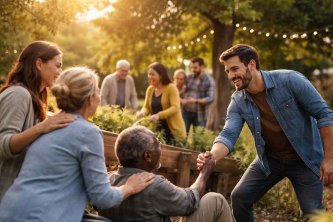 Eine Gruppe von Menschen unterschiedlicher Generationen hilft sich gegenseitig in einem sonnigen Park; ein Mann reicht einem älteren Mann die Hand, während andere im Hintergrund gemeinsam arbeiten und sich austauschen.