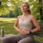 Frau sitzt entspannt auf einer Parkbank im Grünen und praktiziert ruhige Bauchatmung bei warmem Nachmittagslicht.