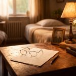 Sonnenlicht fällt in ein ruhiges Zimmer mit Holztisch, Brille, handgeschriebenem Blatt, Füller, Büchern, gerahmtem Porträt und brennender Tischlampe; im Hintergrund steht ein ordentlich gemachtes Bett.