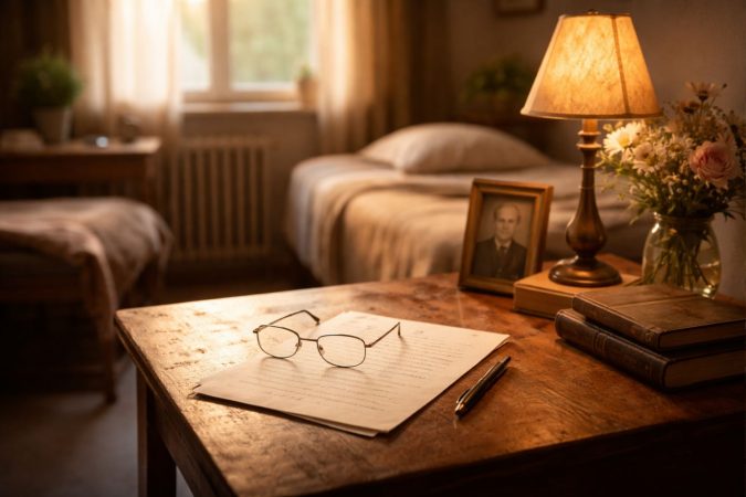 Sonnenlicht fällt in ein ruhiges Zimmer mit Holztisch, Brille, handgeschriebenem Blatt, Füller, Büchern, gerahmtem Porträt und brennender Tischlampe; im Hintergrund steht ein ordentlich gemachtes Bett.