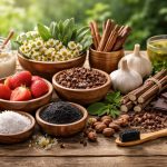 Verschiedene natürliche Zutaten wie Erdbeeren, Knoblauch, Nelken, Zimt, Kamille, Salbei, Aktivkohle, Meersalz, Kokosöl, grüner Tee und dunkle Schokolade auf einem Holztisch im Freien arrangiert.