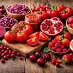 Auswahl roter Früchte und Gemüse wie Tomaten, Paprika, Erdbeeren, Beeren, Rote Bete, Rotkohl, Granatapfel und Trauben auf einem rustikalen Holztisch, farbintensiv arrangiert.