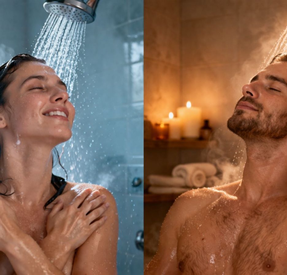 Person steht unter der Dusche, halb im warmen Dampf und halb unter kaltem Wasserstrahl, symbolisch für den Wechsel zwischen warmem und kaltem Duschen.