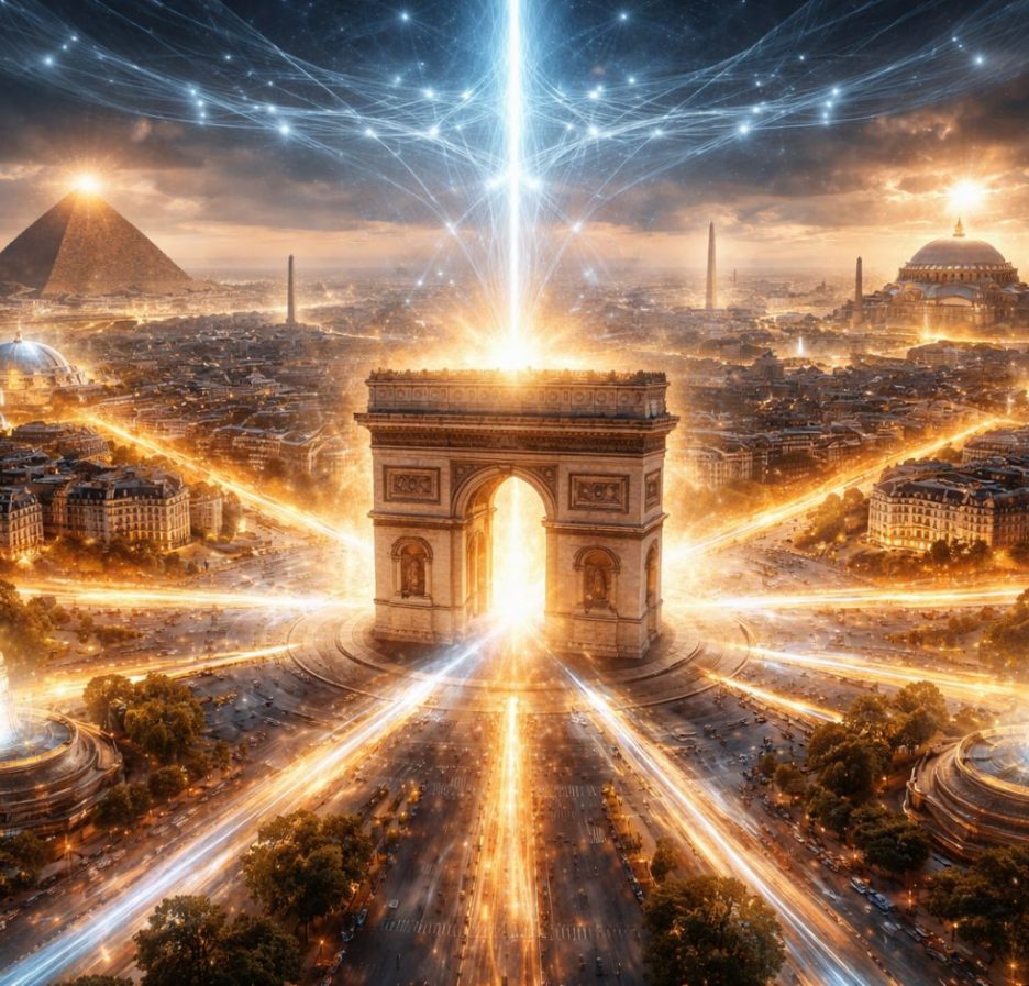 Leuchtender Triumphbogen im Zentrum einer Stadt, von dem goldene Energielinien sternförmig ausgehen; im Hintergrund sind Pyramiden und große Kuppelbauten unter dramatischem Himmel zu sehen.