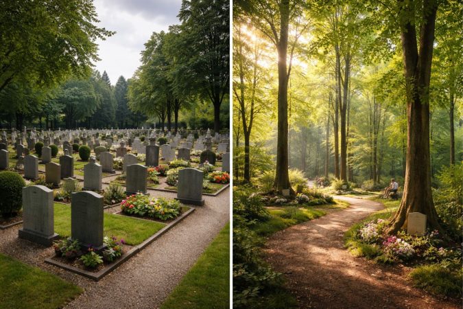 Gegenüberstellung eines klassischen Friedhofs mit Grabsteinen und eines sonnendurchfluteten Waldes mit Gedenkbäumen und geschwungenem Weg