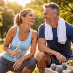 Ein sportliches Paar um die 40 sitzt lachend im Park nach dem Training, mit Wasserflasche, Hanteln und einer Schale Salat im Vordergrund.