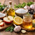 Arrangement verschiedener natürlicher Hausmittel wie Zitrone, Knoblauch, Meersalz, Natron, Kräuter und Olivenöl auf einer Küchenoberfläche.
