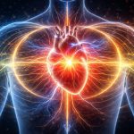 Leuchtendes, anatomisch detailliertes menschliches Herz im Brustkorb, umgeben von strahlenden blauen und goldenen elektromagnetischen Wellen und energiereichen Lichtimpulsen.