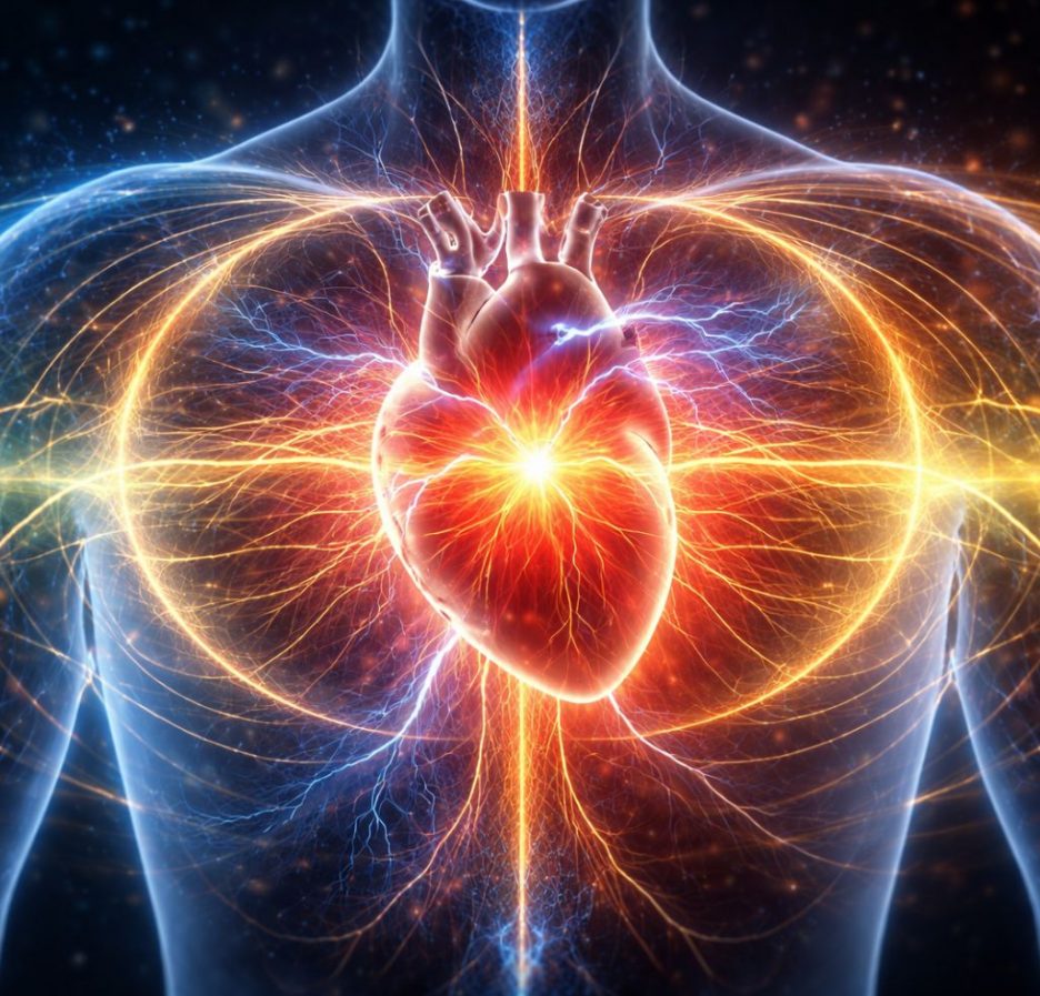 Leuchtendes, anatomisch detailliertes menschliches Herz im Brustkorb, umgeben von strahlenden blauen und goldenen elektromagnetischen Wellen und energiereichen Lichtimpulsen.